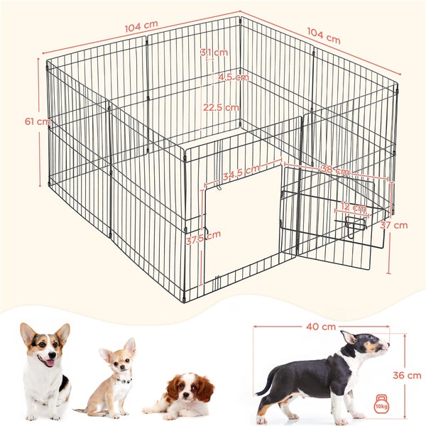 Schwarzes Hundegehege mit Tür und Maßangaben sowie Darstellung von vier Hunderassen als Größenvergleich.