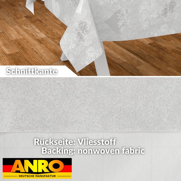 Tischdecke mit Blumen- und Herzmuster, Rückseite aus Vliesstoff, Schnittkante und ANRO Deutsche Manufaktur Logo.
