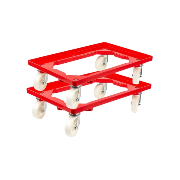 PROREGAL SparSet 2x Transportroller für Euroboxen 60 x 40 cm mit Kunststoffräder Rot Offenes Deck 2 Lenkrollen und 2 Bremsrollen Traglast 300 kg