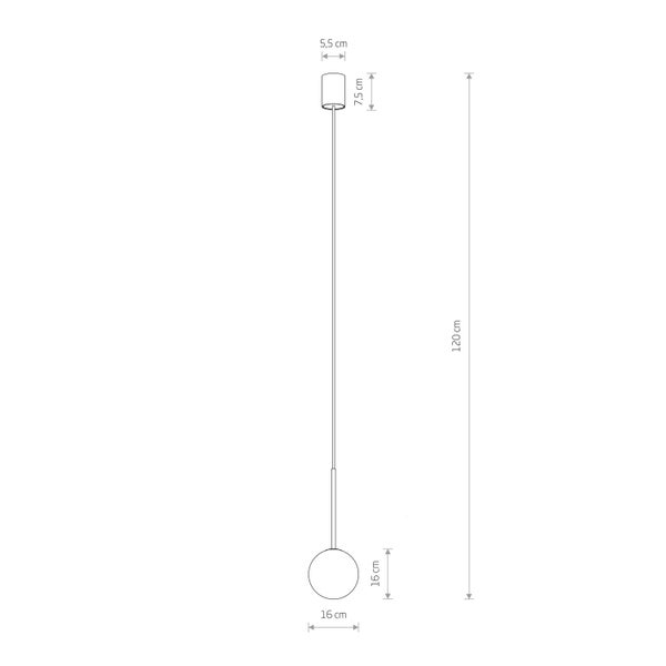 Technische Zeichnung einer Pendelleuchte mit den Maßen 5,5 cm, 7,5 cm, 16 cm und 120 cm.