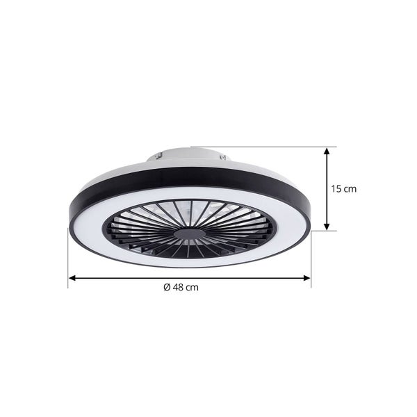 Deckenventilator mit LED-Licht, Durchmesser 48 Zentimeter, Höhe 15 Zentimeter.