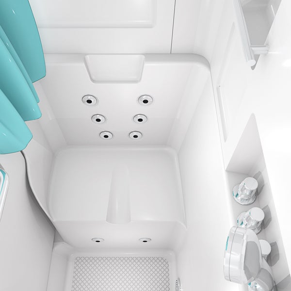 Weiße Sitzbadewanne mit Whirlpool-Düsen, verchromten Armaturen und rutschfestem Boden in der Draufsicht.