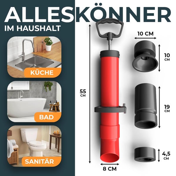 Rohrreinigungspumpe für Küche, Bad und Sanitär mit drei Aufsätzen. Hauptpumpe 55 Zentimeter hoch und 8 Zentimeter breit.