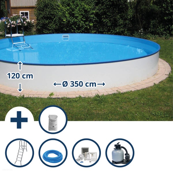 Rundpool mit den Maßen 350 cm Durchmesser und 120 cm Tiefe, inklusive Poolzubehör