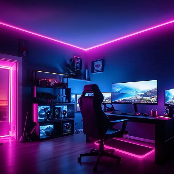 Gaming Zimmer mit LED Streifen an der Decke und am Boden, Schreibtisch mit Monitoren, Gaming Stuhl und Regalen mit integrierter Beleuchtung.