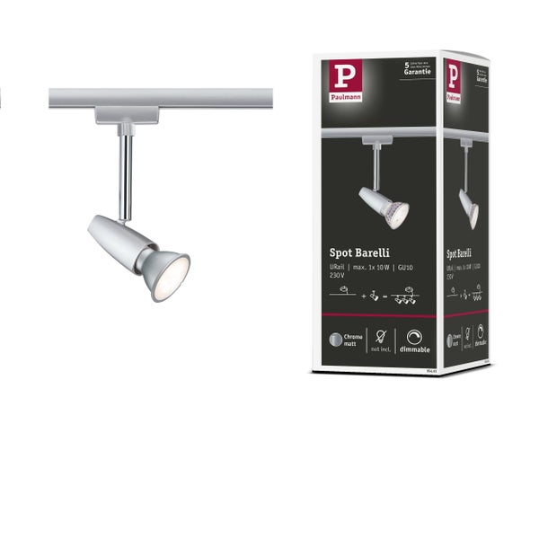 Paulmann URail Spot Barelli in Chrom matt für Schienensysteme inklusive Verpackung und Paulmann Logo.