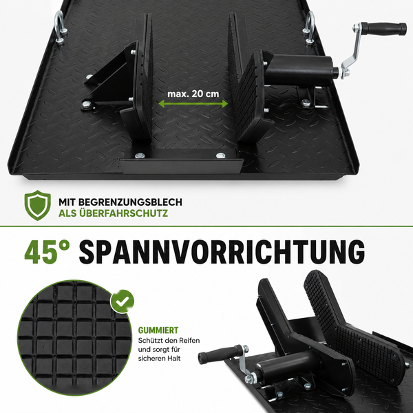 Motorrad-Radklemmer mit Handkurbel, gummierten Spannbacken, Überfahrschutz und 45 Grad Spannvorrichtung, maximal 20 Zentimeter Reifenbreite.