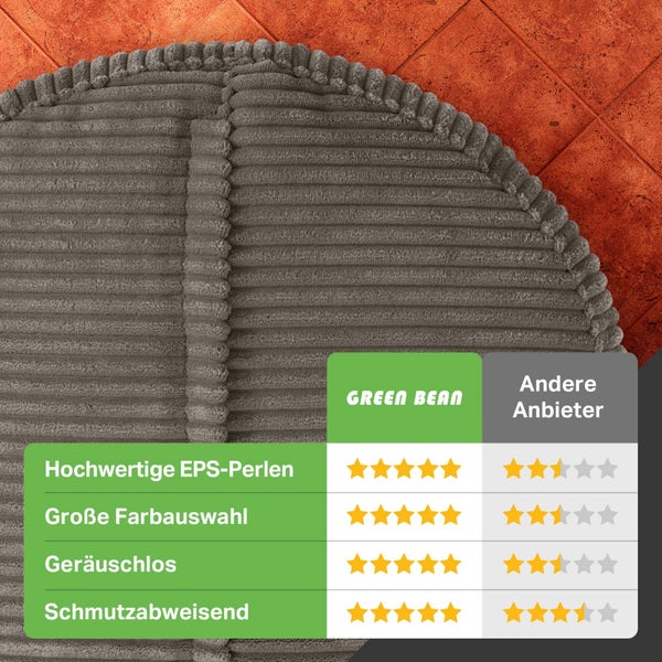 Green Bean Pouf-Kissen 45x25cm mit EPS-Perlen Füllung & Cordstoff Bodenkissen Liegekissen Sitzkissen Sitzhocker Sessel Kinder Erwachsene Stoff Hocker Ablage Anthrazit