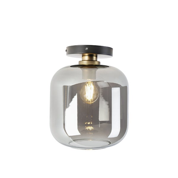 Moderne Deckenleuchte mit abgerundetem Glasschirm aus Rauchglas und Details aus Messing und schwarzem Metall.