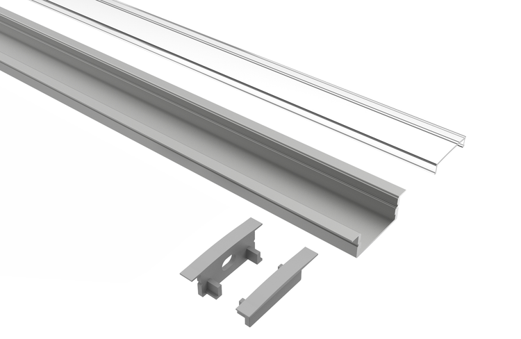 TIVENDIS Led Alu Profil 2 m EB Komplett Set für Strip / Streifen bis 20 mm breit | Abdeckung transparent klar, Endkappen |  Einbau Fußleisten Flachprofil eloxiert
