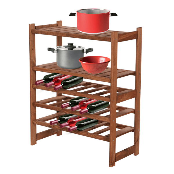 PROREGAL Weinregal SPREEWALD HxBxT 86x70x33cm 18 Flaschen auf 3 Ebenen + 2 Ablagen Massives Kiefernholz Braun geölt