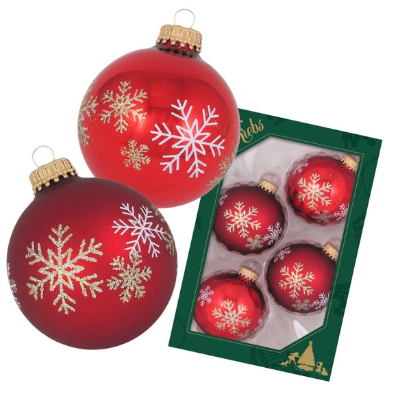 Weihnachtsrot/Satin-Rot 7cm Glaskugel Banddekor Schneeflocken, 4 Stck.