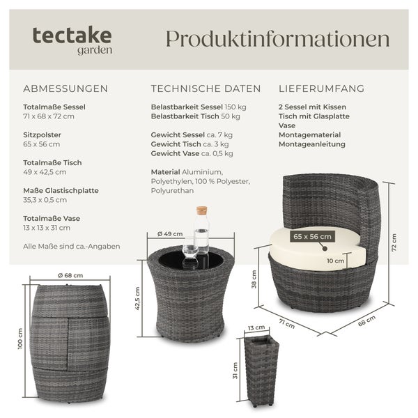 Rattan Sitzgruppe tectake Nizza stapelbar mit Aluminiumgestell grau