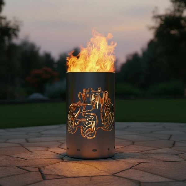 Feuersäule aus Stahl mit Traktormotiv für den Außenbereich