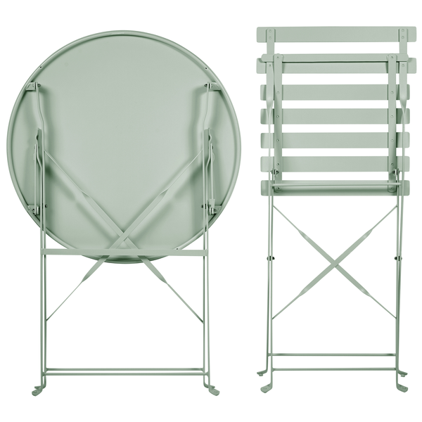 Klappbarer runder Gartentisch und klappbarer Gartenstuhl aus Metall in Salbeigrün.