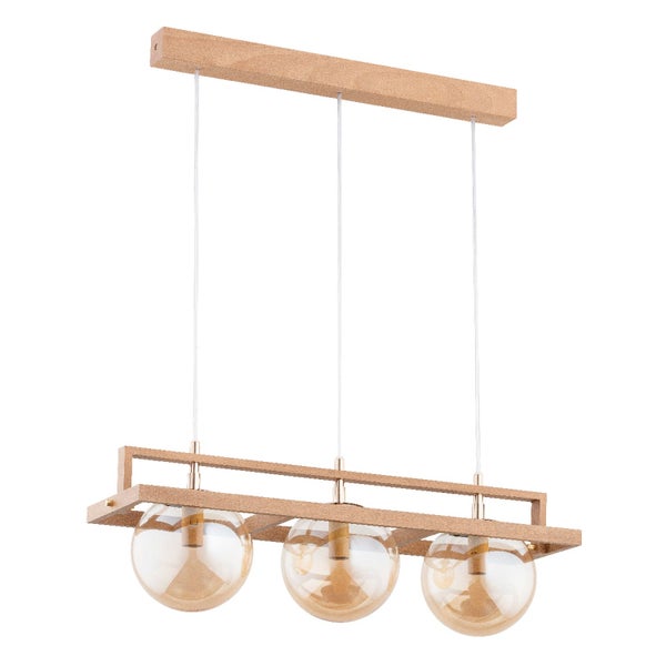 Drei flammige Pendelleuchte mit rechteckigem Holzrahmen und Glaskugeln für eine moderne Wohnraumbeleuchtung.