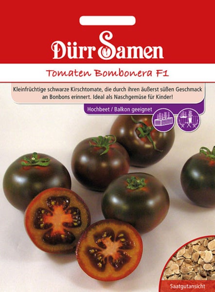 Samentüte für Tomaten Bombonera F1 mit Dürr Samen Logo, Abbildung dunkler Kirschtomaten, geeignet für Hochbeet und Balkon.