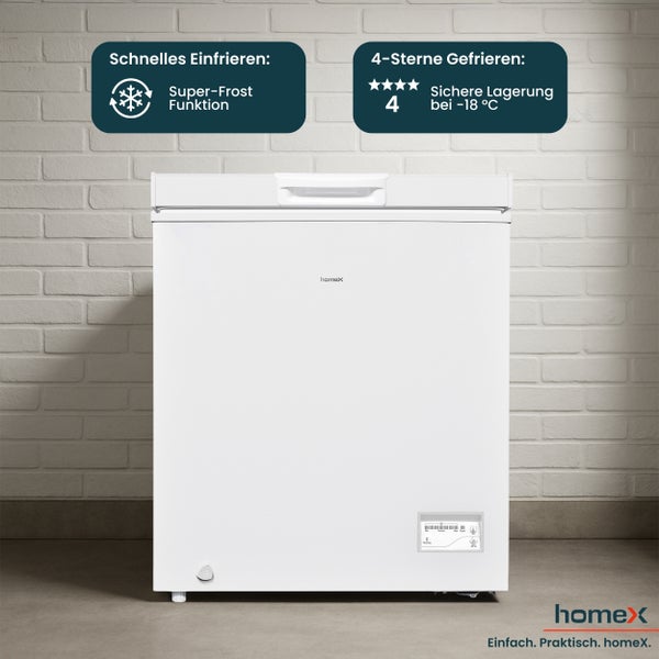 Weisse Gefriertruhe mit Super-Frost Funktion und 4-Sterne Gefrierfach von HomeX