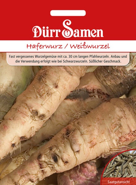 Dürr Samen Saatgutpackung für Haferwurz oder Weißwurzel mit einer Abbildung der Wurzeln und einer Detailansicht der Samen.