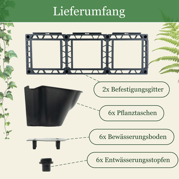 Lieferumfang für vertikales Pflanzsystem mit zwei Befestigungsgittern, sechs Pflanztaschen, sechs Bewässerungsböden und sechs Entwässerungsstopfen.
