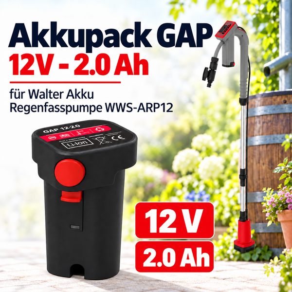Akkupack GAP 12 Volt 2.0 Amperestunden für Walter Akku Regenfasspumpe WWS-ARP12 mit Lithium Ionen Technologie.