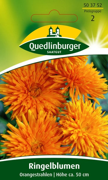 Samenpackung für Ringelblumen Orangestrahlen, Höhe circa 50 Zentimeter, mit Quedlinburger Saatgut Logo und orangefarbenen Blüten.