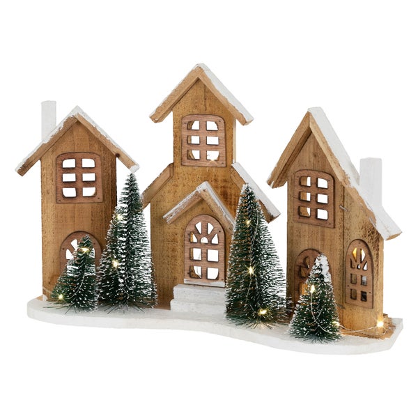 ECD Germany LED Holz Weihnachtsdorf, 38x12x27 cm, 20 LEDs warmweißes Licht, Weihnachtsdekoration, Winterdorf batteriebetrieben (2xAA), Weihnachtsstadt, Deko Häuser, Weihnachtsszene mit Beleuchtung