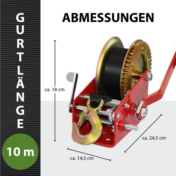 Handseilwinde mit Gurt, Abmessungen dargestellt