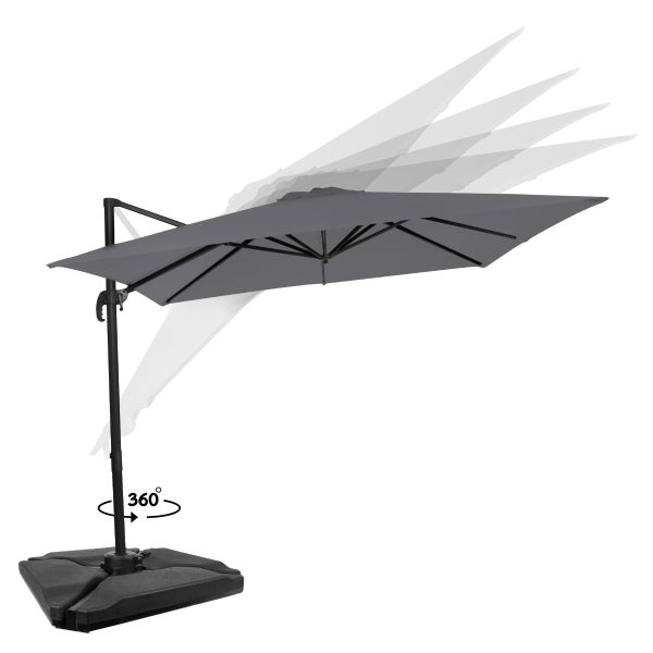 VONROC Freitragender Premium-Sonnenschirm Pisogne 300x300cm - Kombi-Set inklusive füllbaren Premium-Sonnenschirmfliesen – Um 360 Grad drehbar – Neigbar – Grau