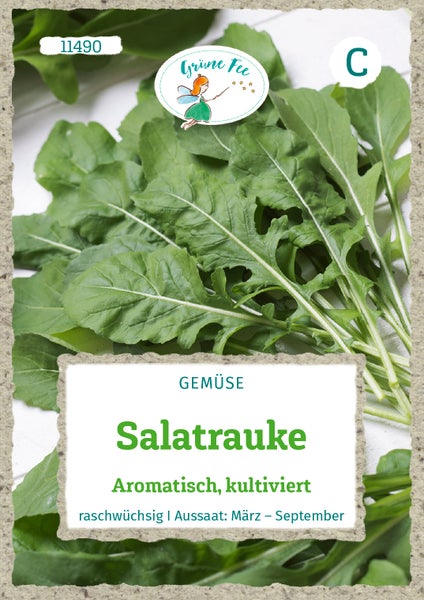 Samentüte für Salatrauke, aromatisch, kultiviert, raschwüchsig, Aussaat von März bis September, Grüne Fee Logo.