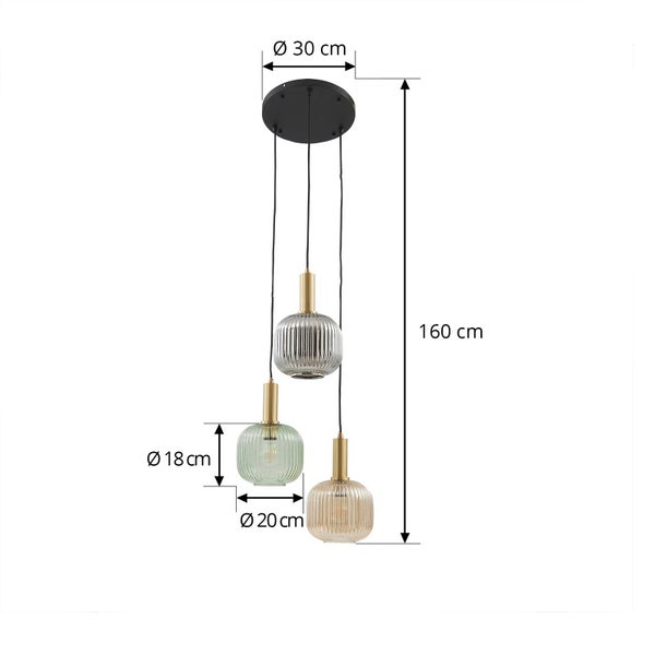 Pendelleuchte, farbige Glasschirme, Höhe 160 Zentimeter, Schirmdurchmesser 20 Zentimeter, Schirmhöhe 18 Zentimeter, Baldachin 30 Zentimeter.