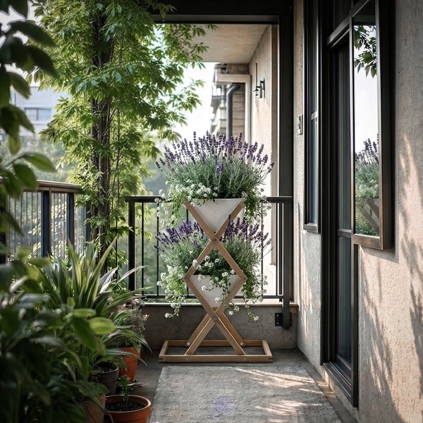 Vertikaler Pflanzenständer aus Holz in X-Form mit zwei weißen Töpfen und Lavendel auf einem modernen Balkon.