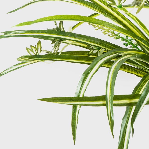 Künstliche Grünlilie mit schmalen, gestreiften Blättern und Ablegern.