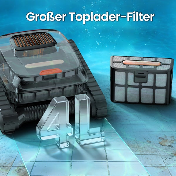 Poolroboter mit einem 4 Liter fassenden Toplader-Filter im Einsatz in einem Schwimmbecken.