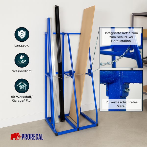 PROREGAL Logo. Langlebiges, wasserdichtes Vertikalregal aus pulverbeschichtetem Metall für Werkstatt und Garage mit integrierter Sicherungskette.