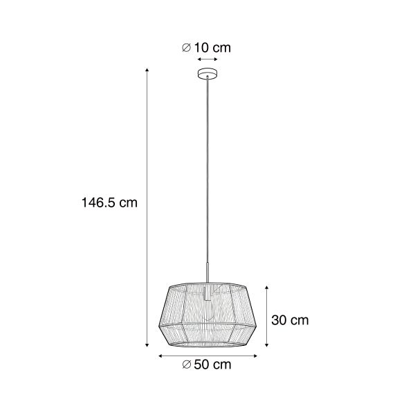 Maßzeichnung einer Pendelleuchte mit Schirm, Durchmesser 50 Zentimeter, Höhe 146,5 Zentimeter, Baldachin Durchmesser 10 Zentimeter