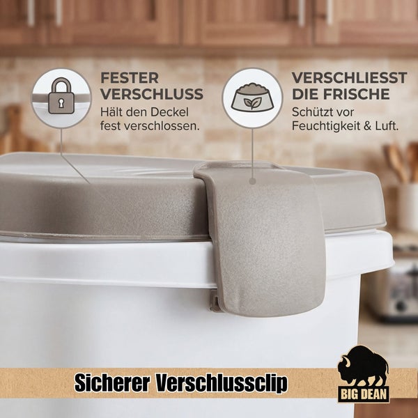 Detailansicht eines Vorratsbehälters mit Verschlussclip, zeigt den festen Verschluss und den Schutz vor Feuchtigkeit und Luft.