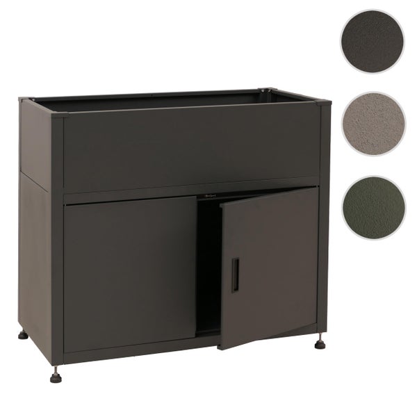 Hochbeet aus Metall mit Unterschrank, eine geöffnete Tür, verstellbare Füße und drei Materialmuster.