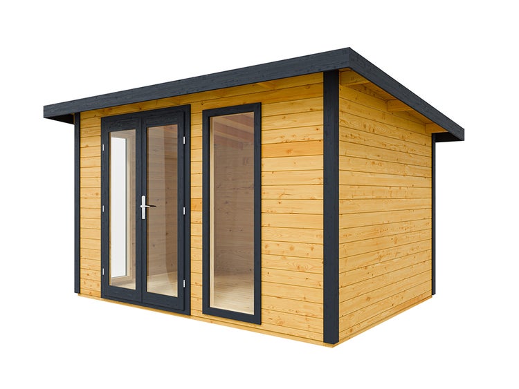 Modernes Gartenhaus aus Holz mit Pultdach, einer Doppeltür mit Glaseinsätzen und einem großen Fenster.