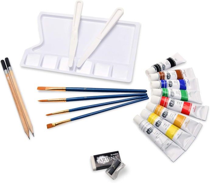 Künstlerbedarf Set mit Farben, Pinsel, Bleistiften, Mischpalette und Malmesser