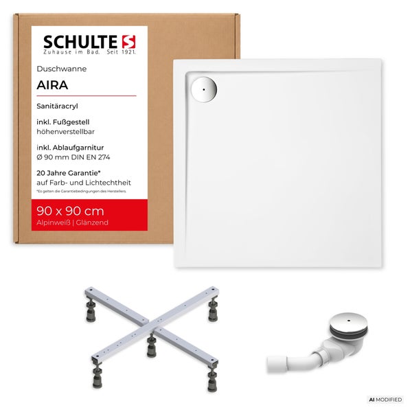 Schulte Duschwanne Aira aus Sanitäracryl in 90 mal 90 Zentimeter inklusive höhenverstellbarem Fußgestell und Ablaufgarnitur in Verpackungskarton