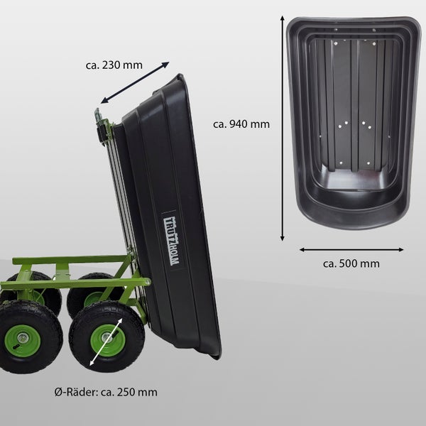 Bollerwagen mit Kunststoffwanne, Maße: circa 230 x 940 x 500 Millimeter, Raddurchmesser circa 250 Millimeter, Marke: TRUTZHOLM