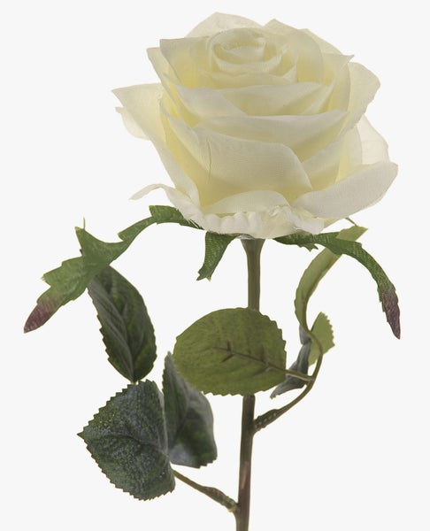 Künstliche Rose mit cremefarbenen Blütenblättern und grünen Blättern an einem Stiel.
