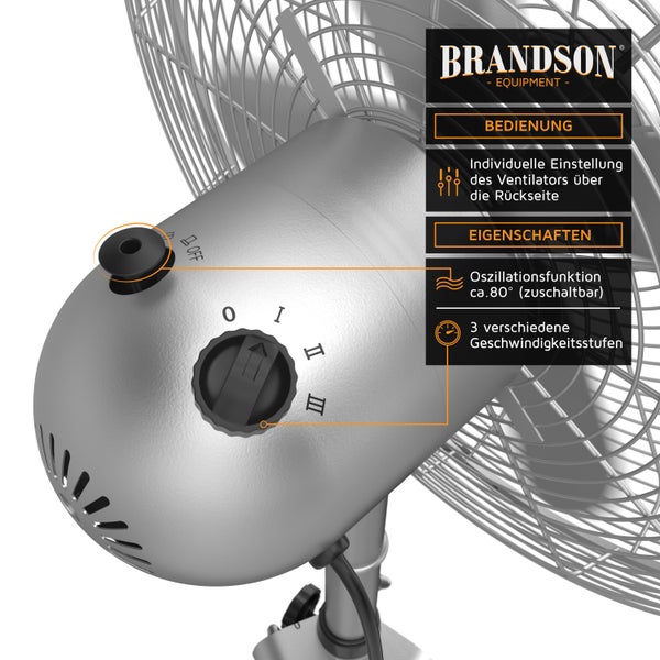 Brandson Standventilator 45 cm mit 3 Geschwindigkeiten, Ventilator mit Dreibein-Stativ, 60 Watt, oszillierend, Silber/Edelstahl