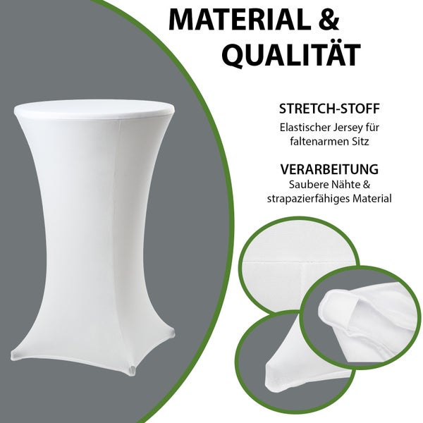 Weiße Stehtischhusse aus elastischem Jersey-Stretch für faltenfreien Sitz mit sauberen Nähten und strapazierfähigem Material.