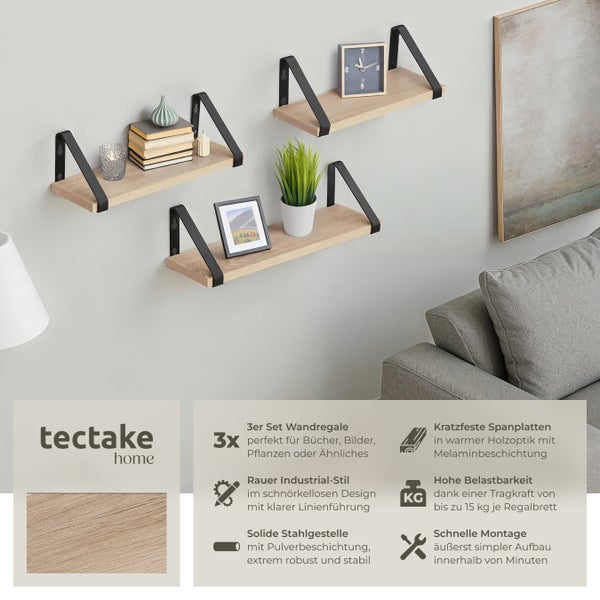 3er Set Wandregal tectake Cowell Höhe 12 cm Industrial Style Industrial Holz hell, Eiche Sonoma