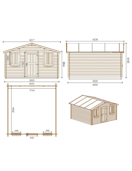 Technische Zeichnung mit Maßangaben eines Gartenhauses aus Holz inklusive Frontansicht Seitenansicht Grundriss und isometrischer Darstellung