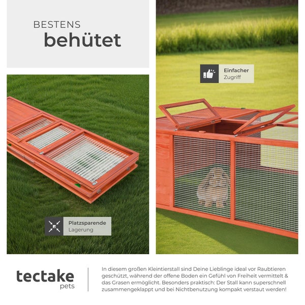 Zusammenklappbarer Kleintierstall aus Holz auf Gras, platzsparend lagerbar und mit aufklappbarem Deckel für einfachen Zugriff. tectake pets Logo.