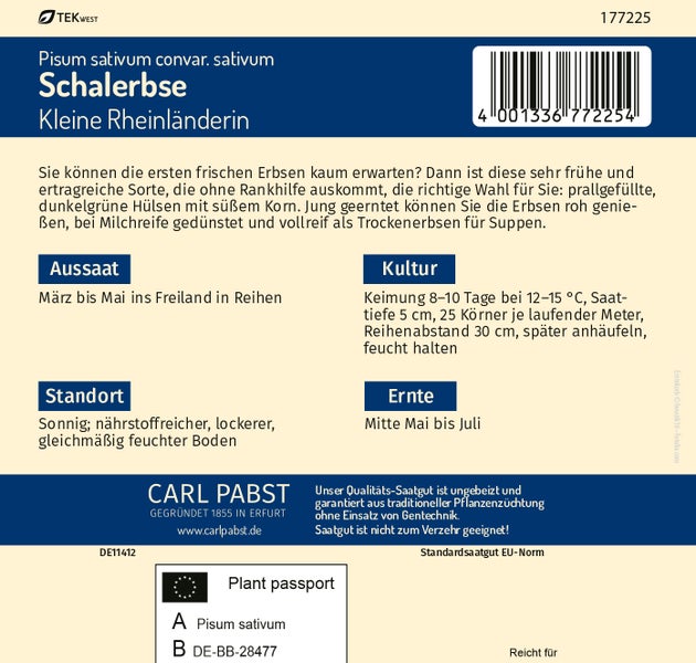 Rückseite der Samentüte Schalerbse Kleine Rheinländerin mit Anbauanleitung, Pflanzenpass und Carl Pabst Logo.