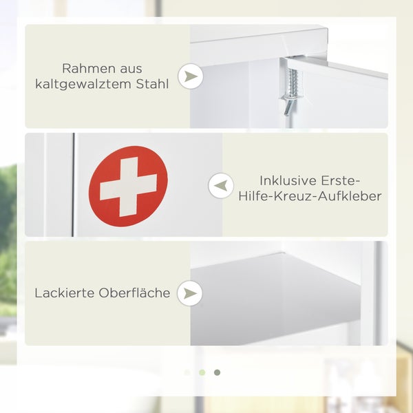 kleankin Medizinschrank, Apothekerschrank mit 3 Fächern, Abschließbarer Medikamentenschrank für Wandmontage, Erste Hilfe Schrank, Arzneischrank mit 2 Schlüsseln, Stahl, Weiß, 40 x 15 x 53,5 cm